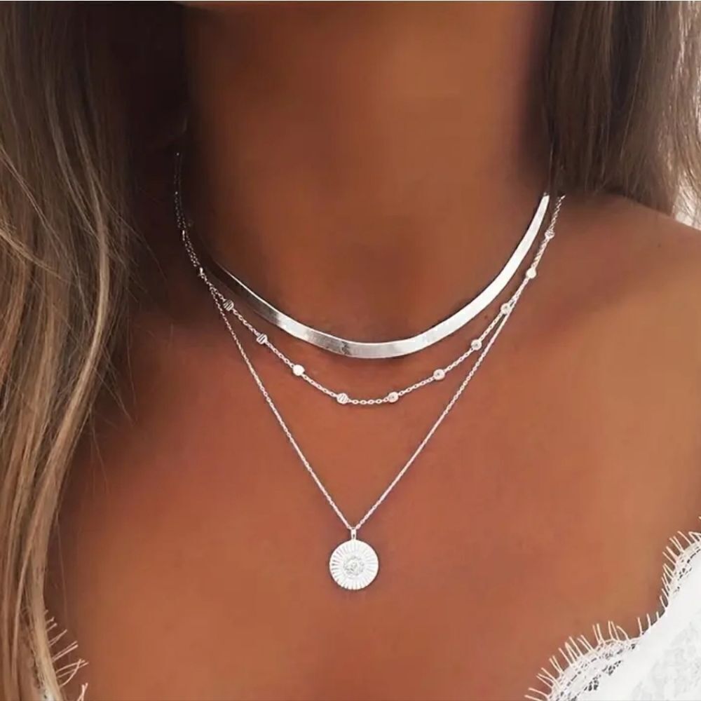 Sterling Silver Plated Lotus Blossom Pendant Necklace Three Tiered Design